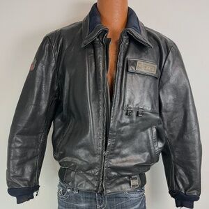 Vtg 90’s Polaris Black Leather Hein Gericke Snowmobile Jacket Sz Med Distressed